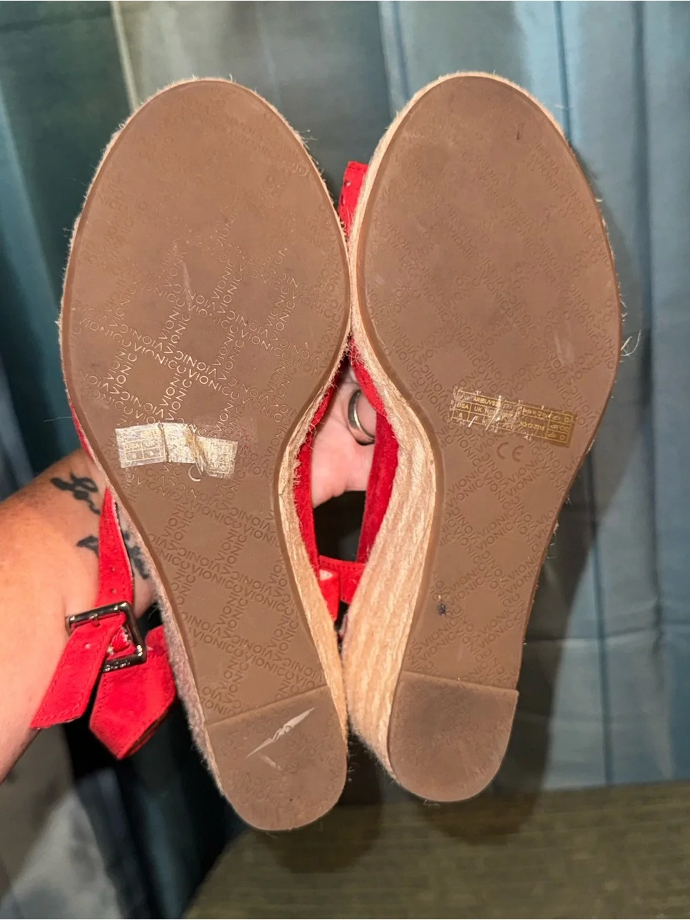 Vionic Red Suede Laser-Cut Espadrille Wedge Sandals